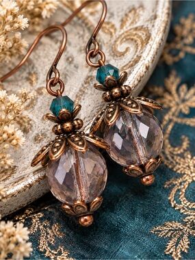 Smoky Mauve Czech Glass Earrings, Teal Crystal Antique Copper Dangles
